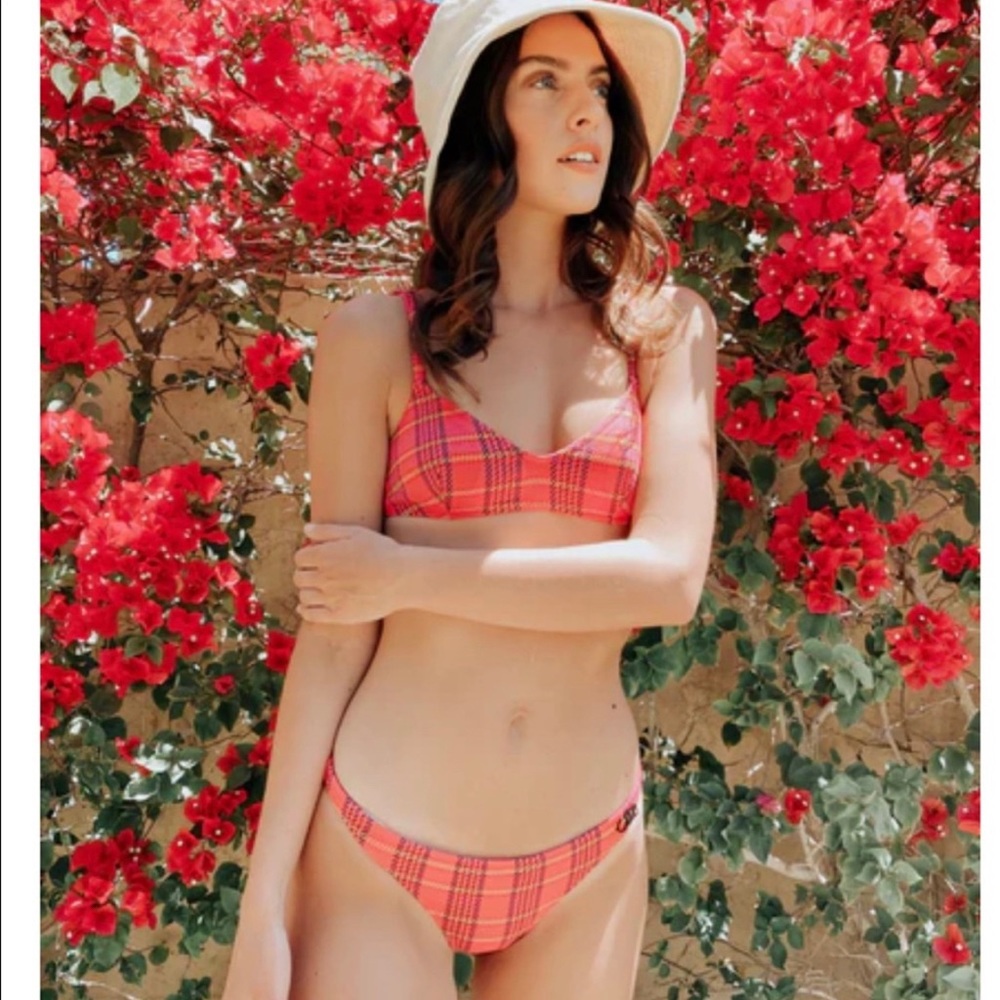 BNWT Solid & Striped Bikini Set in Plaid Pink Madras (size: medium/m)